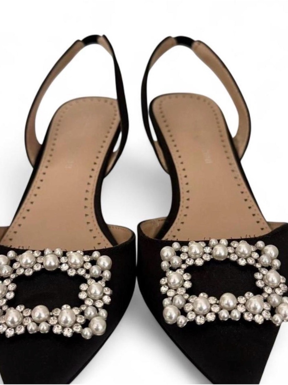 Women's Black Pearl-Embellished Slingback Kitten Heels